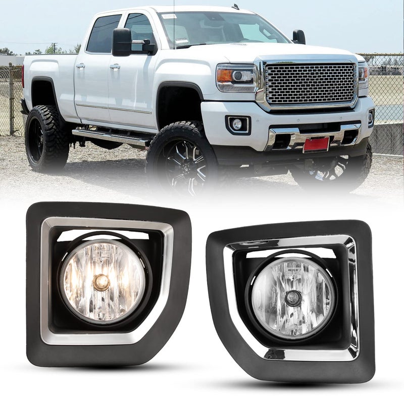 CPW OEM Fog Lights Assembly Fit for GMC Sierra 2500HD/3500HD 2015 2016 2017 2018 2019, Driver & Passenger Driving w/PS Halogen Bulbs + Wiring Harness (Black Housing Clear Lens) - Image 1